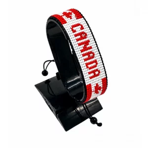 Canada Flag Bracelet With Name Adjustable handcrafted with beadwork in the colors of the Canada flag and the name "Canada".