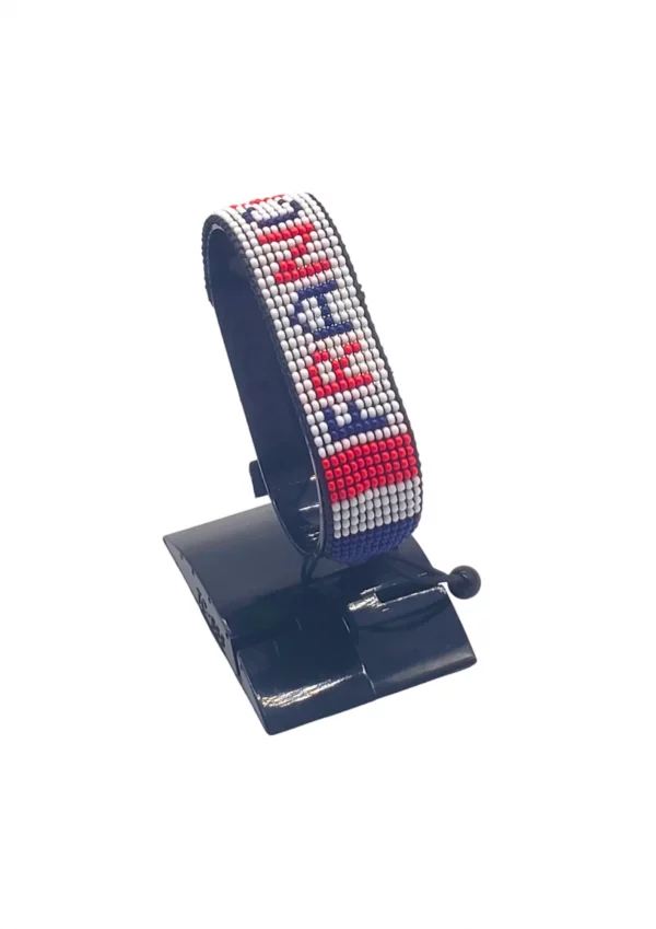 France Flag Bracelet With Name Adjustable handcrafted with beadwork in the colors of the France flag featuring the name FRANCE.