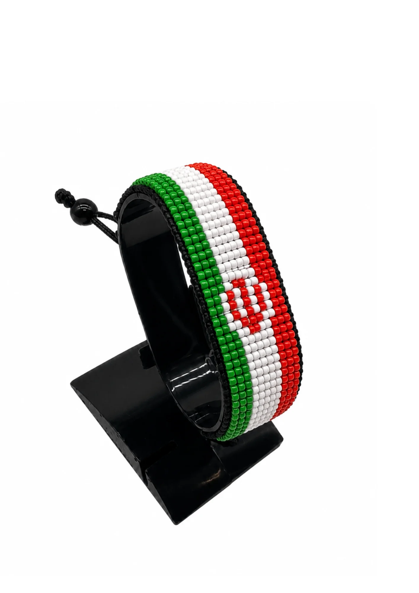 Iran Flag Bracelet Adjustable handcrafted with beadwork in the colours of the Iran flag.