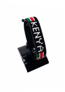 Kenya Flag Bracelet With Name Adjustable Black Version handcrafted with beadwork in the colors of the Kenya flag featuring the name KENYA.