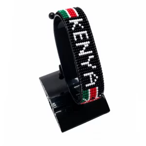 Kenya Flag Bracelet With Name Adjustable Black Version handcrafted with beadwork in the colors of the Kenya flag featuring the name KENYA.