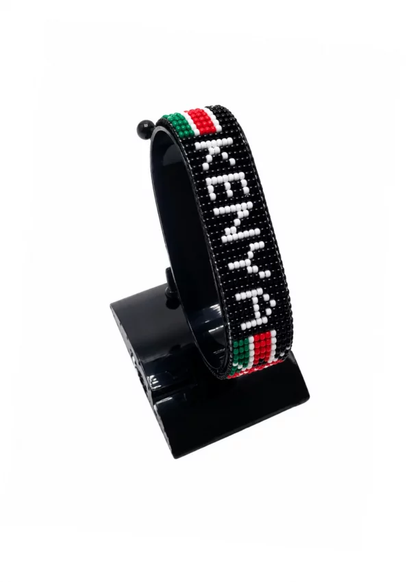 Kenya Flag Bracelet With Name Adjustable Black Version handcrafted with beadwork in the colors of the Kenya flag featuring the name KENYA.