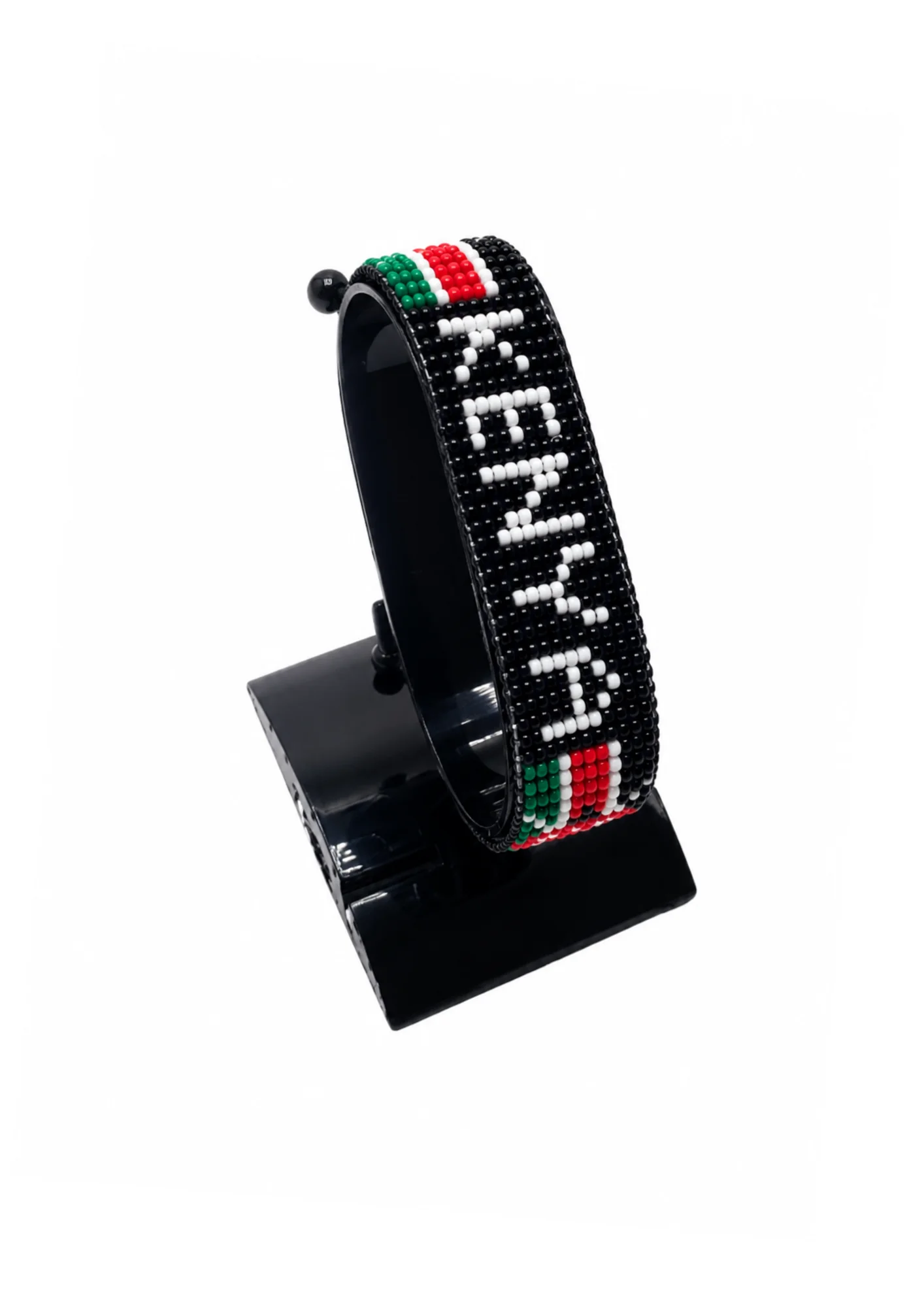 Kenya Flag Bracelet With Name Adjustable Black Version handcrafted with beadwork in the colors of the Kenya flag featuring the name KENYA.