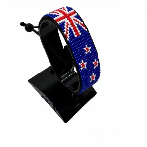 New Zealand Flag Bracelet Adjustable handcrafted with beadwork in the colors of the New Zealand flag.