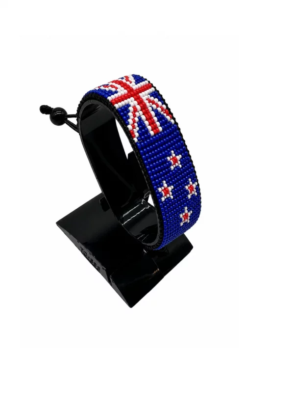 New Zealand Flag Bracelet Adjustable handcrafted with beadwork in the colors of the New Zealand flag.