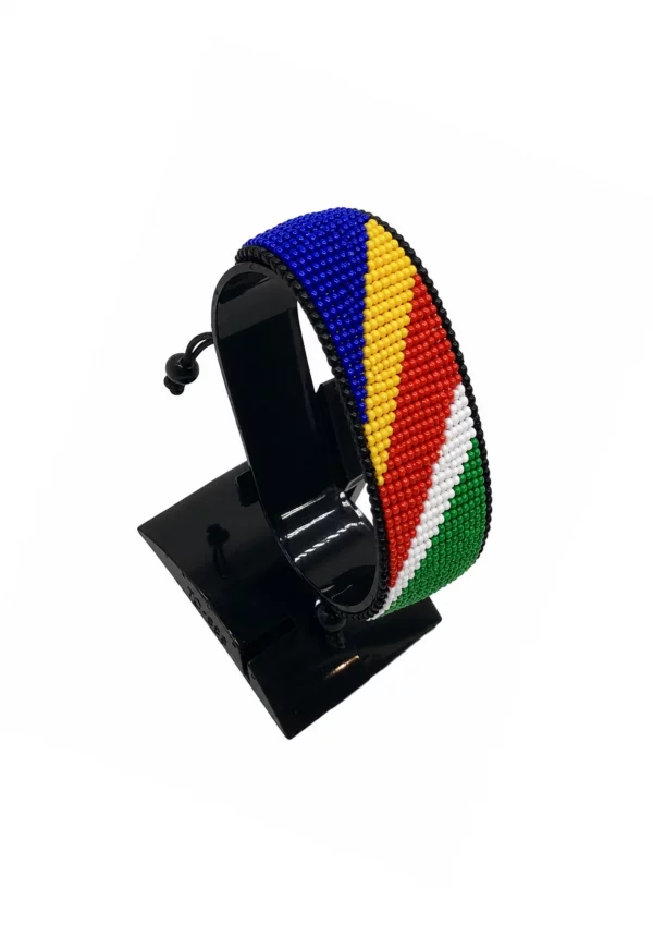 Seychelles Flag Bracelet Adjustable handcrafted with beadwork in the colors of the Seychelles flag.