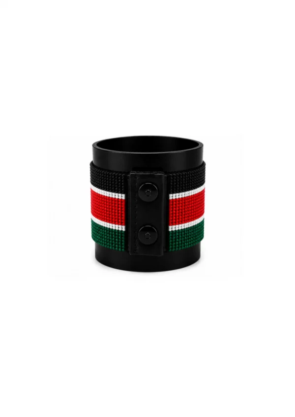 Kenya Signature Flag Bracelet Long Neck with Buttons handcrafted with premium beadwork featuring the Kenya flag and a long-neck Maasai shield with crossed spears.
