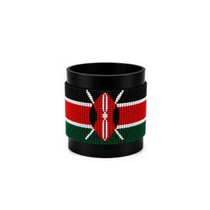 Kenya Signature Flag Bracelet Long Neck with Buttons handcrafted with premium beadwork featuring the Kenya flag and a long-neck Maasai shield with crossed spears.