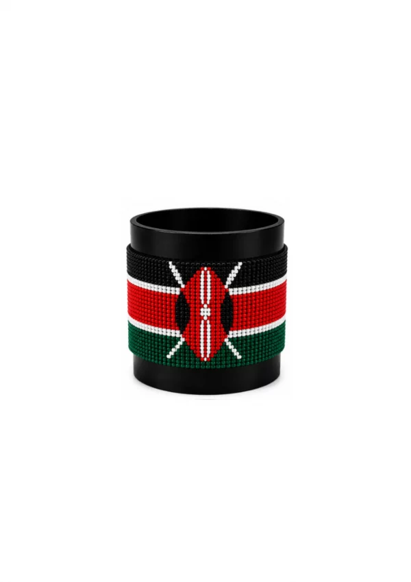 Kenya Signature Flag Bracelet Long Neck with Buttons handcrafted with premium beadwork featuring the Kenya flag and a long-neck Maasai shield with crossed spears.