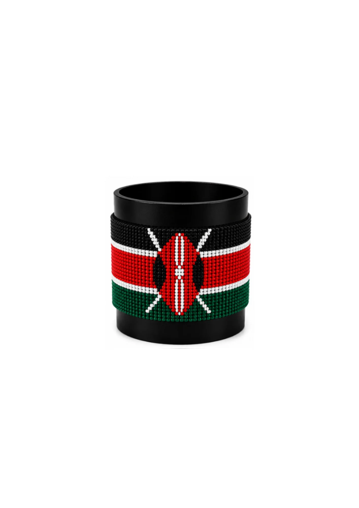 Kenya Signature Flag Bracelet Long Neck with Buttons handcrafted with premium beadwork featuring the Kenya flag and a long-neck Maasai shield with crossed spears.