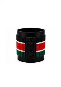 Kenya Signature Flag Bracelet Long Neck with Buttons handcrafted with premium beadwork featuring the Kenya flag and a long-neck Maasai shield with crossed spears.