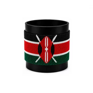 Kenya Signature Flag Bracelet Long Neck with Buttons handcrafted with premium beadwork featuring the Kenya flag and a long-neck Maasai shield with crossed spears.