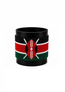 Kenya Signature Flag Bracelet Long Neck with Buttons handcrafted with premium beadwork featuring the Kenya flag and a long-neck Maasai shield with crossed spears.