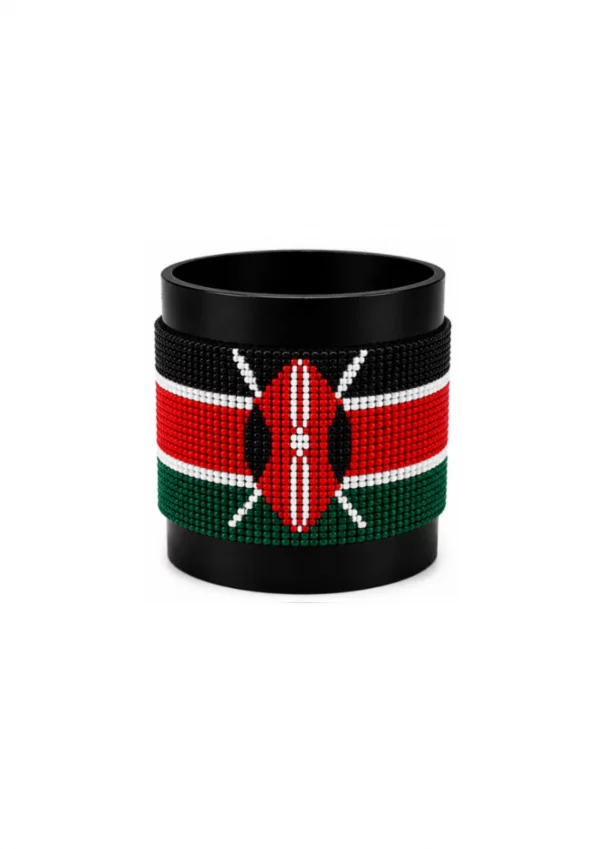Kenya Signature Flag Bracelet Long Neck with Buttons handcrafted with premium beadwork featuring the Kenya flag and a long-neck Maasai shield with crossed spears.