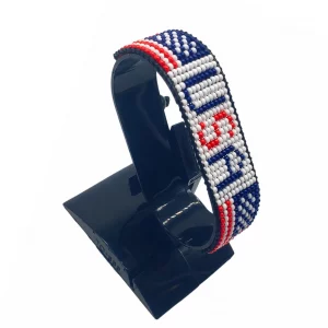 USA Flag Bracelet With Name Adjustable handcrafted with beadwork in the colors of the United States flag and the name "USA".