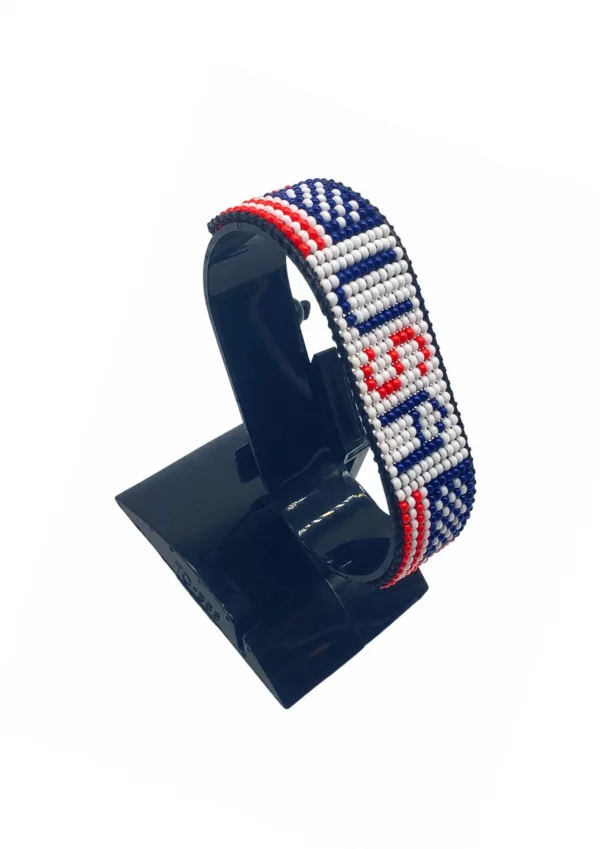 USA Flag Bracelet With Name Adjustable handcrafted with beadwork in the colors of the United States flag and the name "USA".