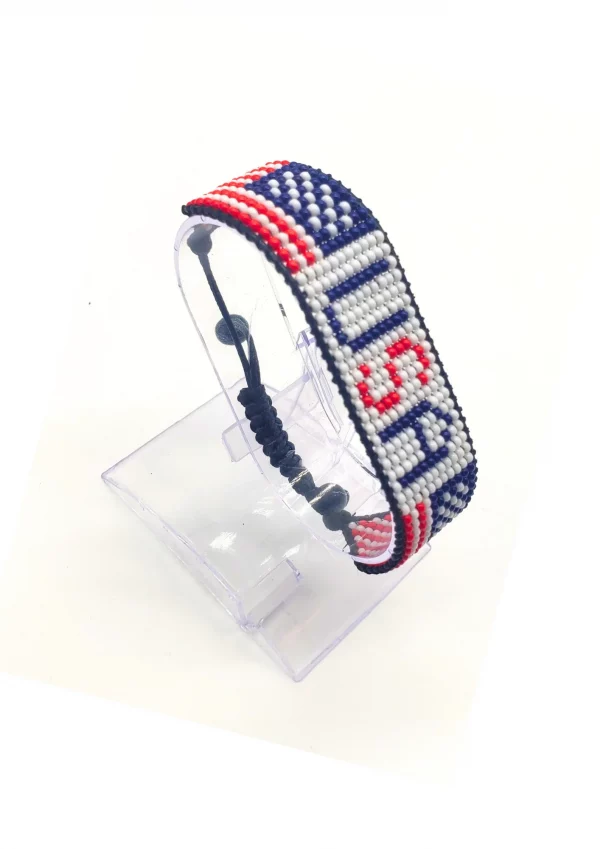 USA Flag Bracelet With Name Adjustable handcrafted with beadwork in the colors of the United States flag and the name "USA".