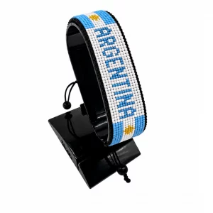 Argentina Flag Bracelet With Name Adjustable handcrafted with beadwork in the colors of the Argentina flag featuring the name ARGENTINA.