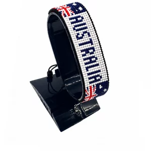 Australia Flag Bracelet With Name Adjustable handcrafted with beadwork in the colors of the Australia flag and the name "Australia".