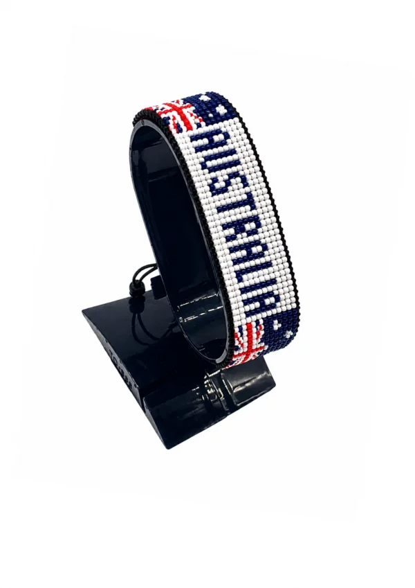 Australia Flag Bracelet With Name Adjustable handcrafted with beadwork in the colors of the Australia flag and the name "Australia".