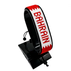 Bahrain Flag Bracelet With Name Adjustable handcrafted with beadwork in the colors of the Bahrain flag featuring the name BAHRAIN.
