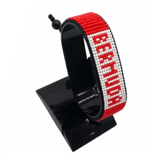 Bermuda Flag Bracelet With Name Adjustable handcrafted with beadwork in the colors of the Bermuda flag and the name "Bermuda".