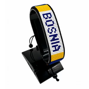Bosnia and Herzegovina Flag Bracelet With Name Adjustable handcrafted with beadwork in the colors of the Bosnia and Herzegovina flag featuring the name BOSNIA.