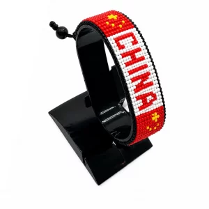 China Flag Bracelet With Name Adjustable handcrafted with beadwork in the colors of the China flag featuring the name CHINA.