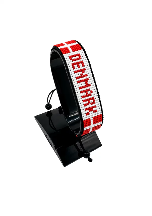 Denmark Flag Bracelet With Name Adjustable handcrafted with beadwork in the colors of the Denmark flag and the name "Denmark".