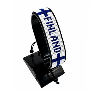 Finland Flag Bracelet With Name Adjustable handcrafted with beadwork in the colors of the Finland flag and the name "Finland".