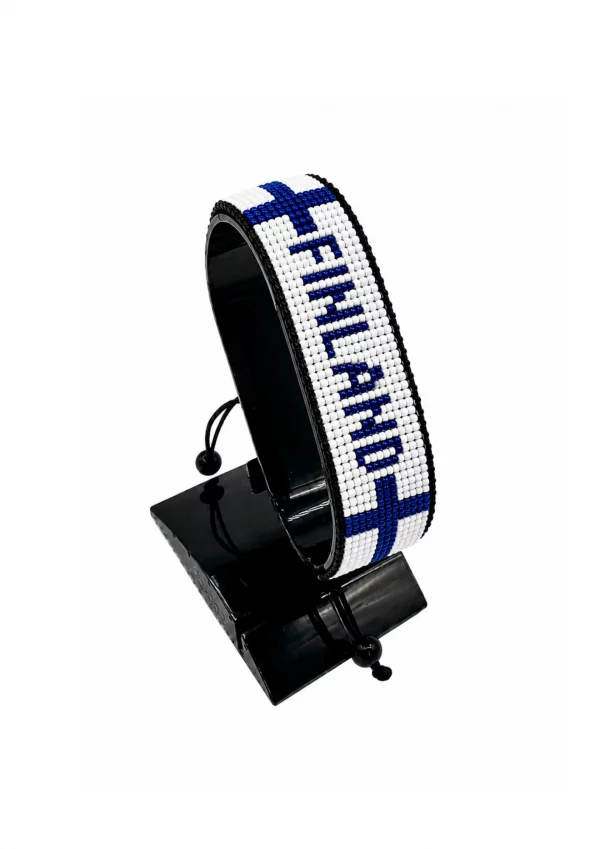 Finland Flag Bracelet With Name Adjustable handcrafted with beadwork in the colors of the Finland flag and the name "Finland".