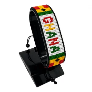 Ghana Flag Bracelet With Name Adjustable handcrafted with beadwork in the colors of the Ghana flag and the name "Ghana".