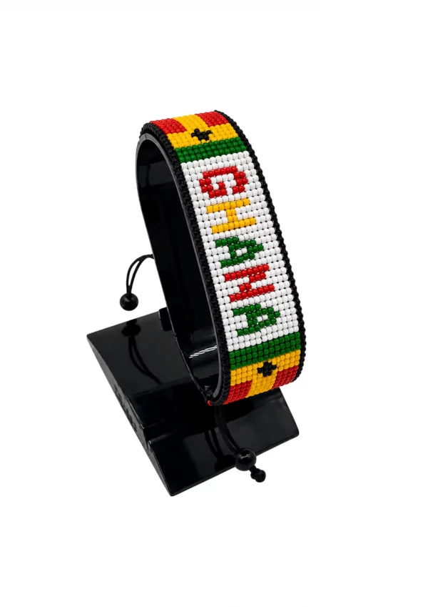 Ghana Flag Bracelet With Name Adjustable handcrafted with beadwork in the colors of the Ghana flag and the name "Ghana".