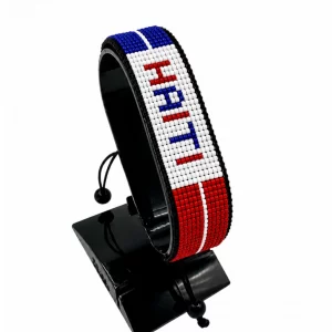 Haiti Flag Bracelet With Name Adjustable handcrafted with beadwork in the colors of the Haiti flag featuring the name HAITI.