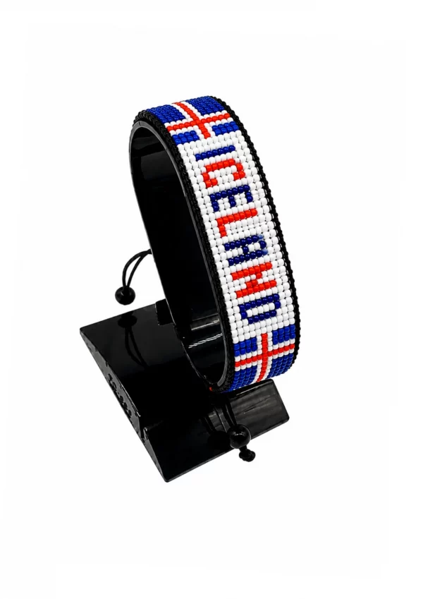 Iceland Flag Bracelet With Name Adjustable handcrafted with beadwork in the colors of the Iceland flag featuring the name ICELAND.