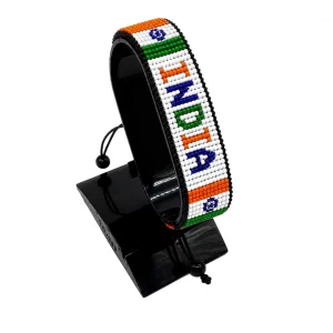 India Flag Bracelet With Name Adjustable handcrafted with beadwork in the colors of the India flag and the name "India".