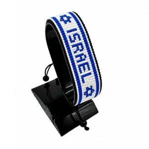 Israel Flag Bracelet With Name Adjustable handcrafted with beadwork in the colors of the Israel flag and the name "Israel".