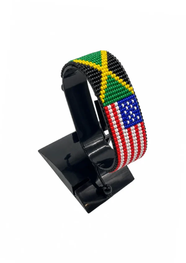Jamaica USA Combo Flag Bracelet Adjustable handcrafted with beadwork in the colors of the Jamaica and United States flags.