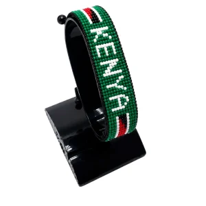 Kenya Flag Bracelet With Name Adjustable Green Version handcrafted with beadwork in the colors of the Kenya flag featuring the name KENYA