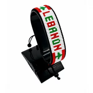 Lebanon Flag Bracelet With Name Adjustable handcrafted with beadwork in the colors of the Lebanon flag featuring the name LEBANON.