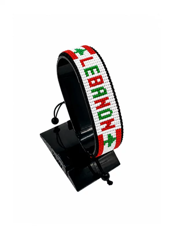 Lebanon Flag Bracelet With Name Adjustable handcrafted with beadwork in the colors of the Lebanon flag featuring the name LEBANON.