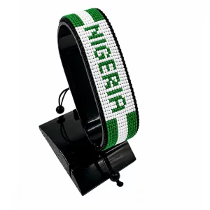 Nigeria Flag Bracelet With Name Adjustable handcrafted with beadwork in the colors of the Nigeria flag and the name "Nigeria".