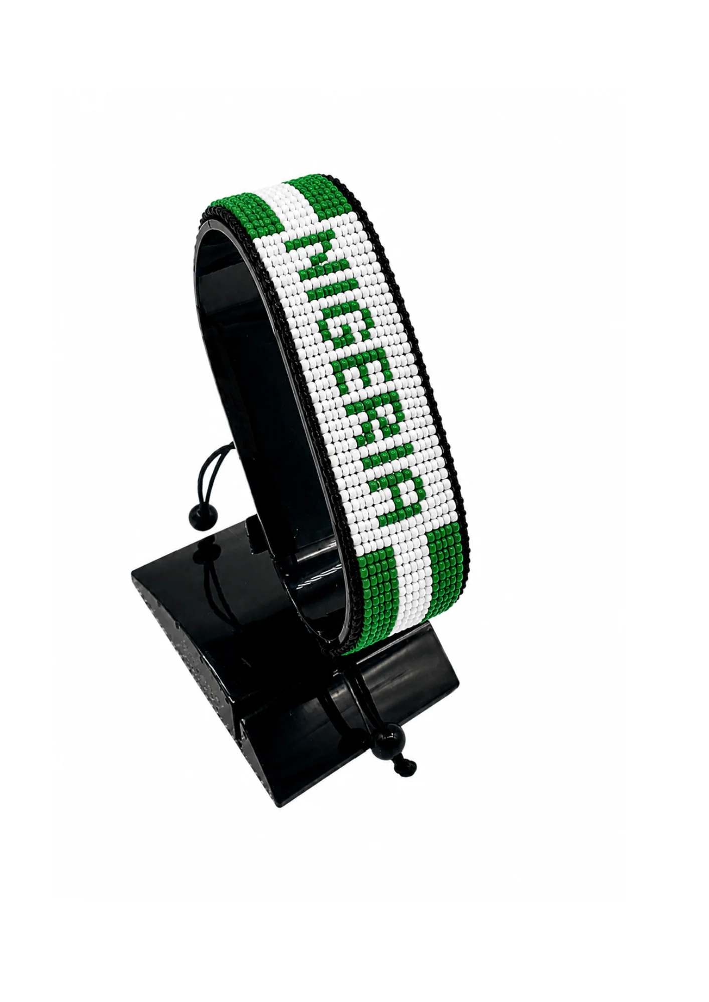 Nigeria Flag Bracelet With Name Adjustable handcrafted with beadwork in the colors of the Nigeria flag and the name "Nigeria".