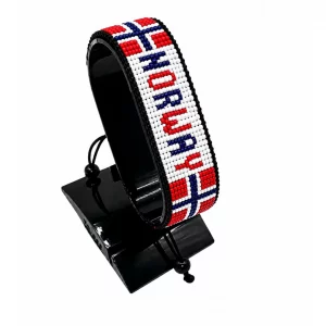 Norway Flag Bracelet With Name Adjustable handcrafted with beadwork in the colors of the Norway flag and the name "Norway".