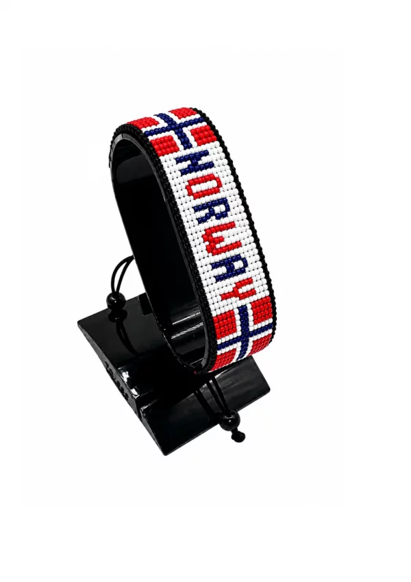 Norway Flag Bracelet With Name Adjustable handcrafted with beadwork in the colors of the Norway flag and the name "Norway".