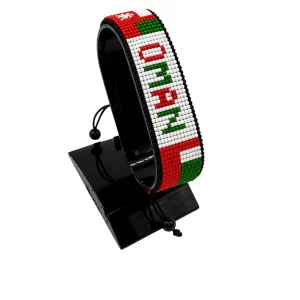 Oman Flag Bracelet With Name Adjustable handcrafted with beadwork in the colors of the Oman flag and the name "Oman".