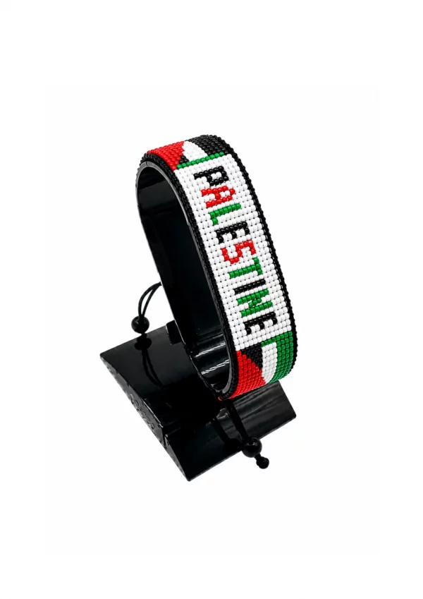 Palestine Flag Bracelet With Name Adjustable handcrafted with beadwork in the colors of the Palestine flag and the name "Palestine".