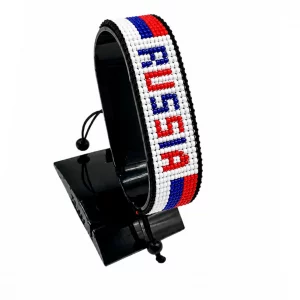 Russia Flag Bracelet With Name Adjustable handcrafted with beadwork in the colors of the Russia flag featuring the name RUSSIA. Main Product Image Descri