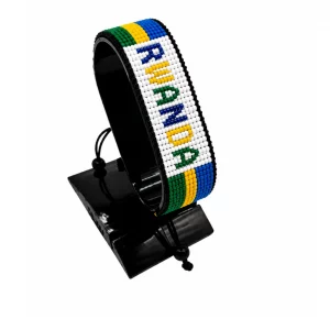 Rwanda Flag Bracelet With Name Adjustable handcrafted with beadwork in the colors of the Rwanda flag and the name "Rwanda".