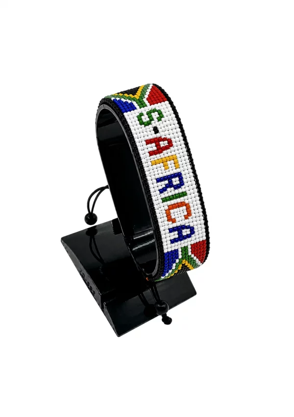 South Africa Flag Bracelet With Name Adjustable handcrafted with beadwork in the colors of the South Africa flag featuring the name SOUTH AFRICA